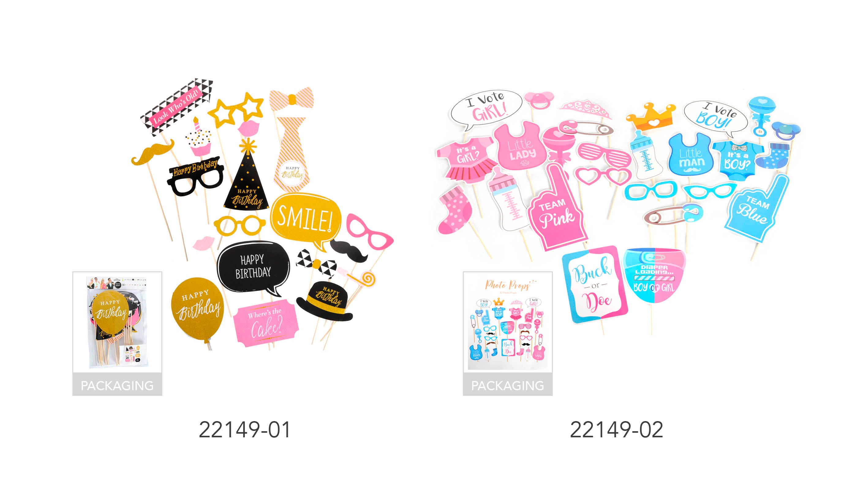 blue and pink colour theme; various baby and party shapes; wooden stick handles; printed phrases like 'I Vote Girl' and 'I Vote Boy';