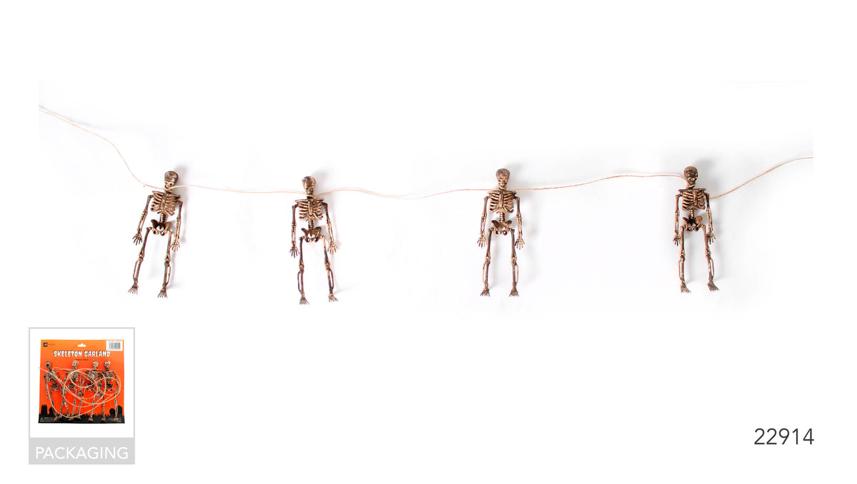 Four skeleton figures attached to a single string; Bronze-tone skeletons with visible skulls, ribs and limbs; Orange product packaging shown;