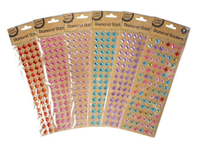 diamond-shaped stickers; multiple colours including red, pink, beige, blue, purple; 16 sticker strips per pack; stickers arranged in a grid pattern;