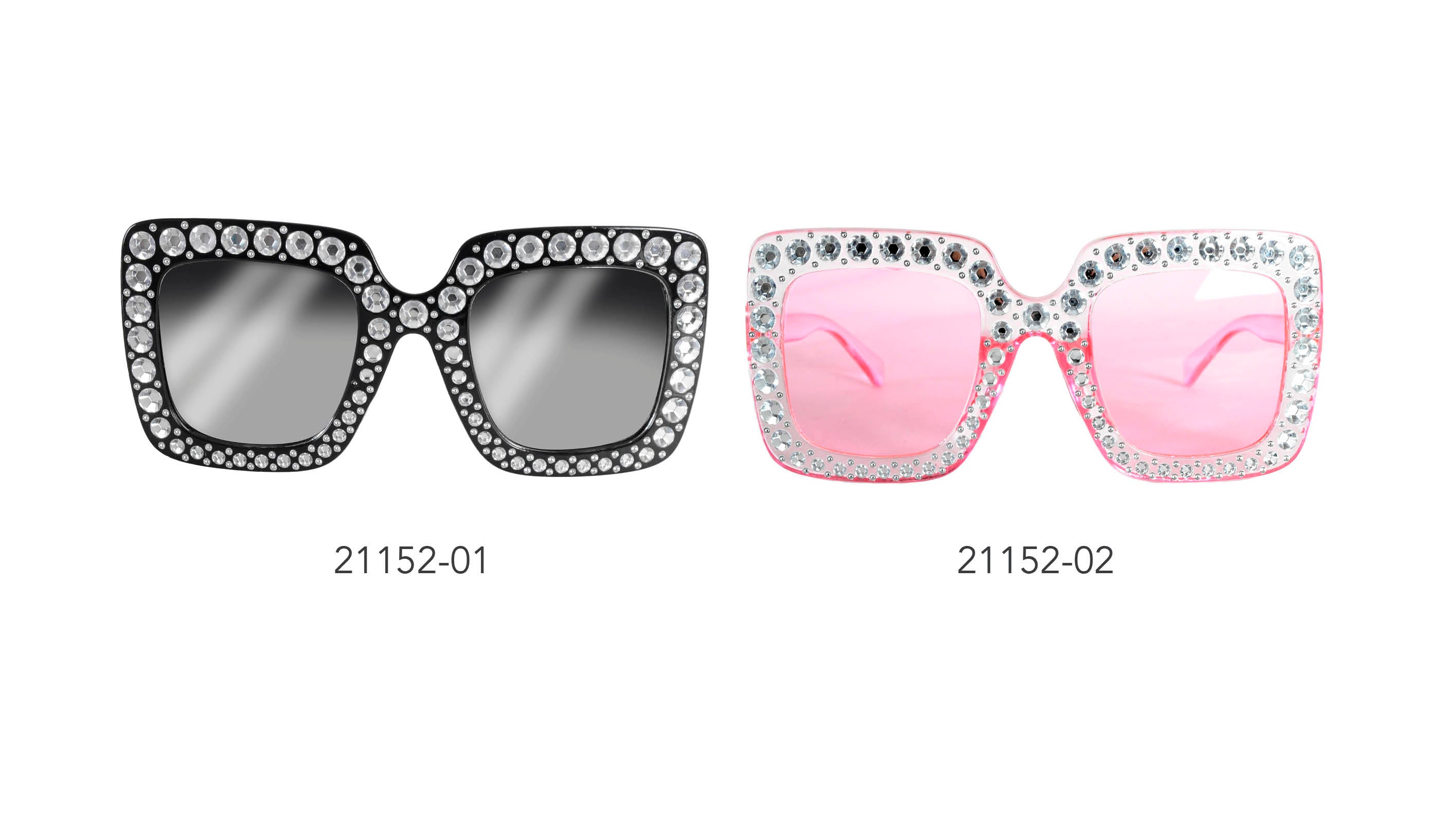 pink tinted square lenses; clear pink plastic frame; diamonte stones embellishing frame edges; bold oversized frame;