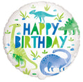 round white foil balloon; blue and green dinosaur illustrations; 'Happy Birthday' text in colourful letters; green plant and rock accents;
