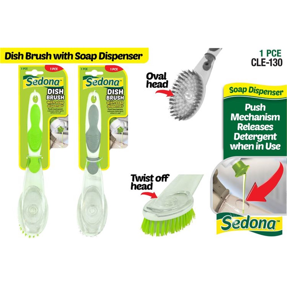 White and green colour handle; Oval brush head; Clear soap container; Push mechanism on handle; Packaged on yellow and green branded backing card;