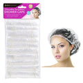 transparent plastic material; elasticated edge; pack of 10 caps in packaging; packaging shows 22cm diameter; single cap worn on female model's head;