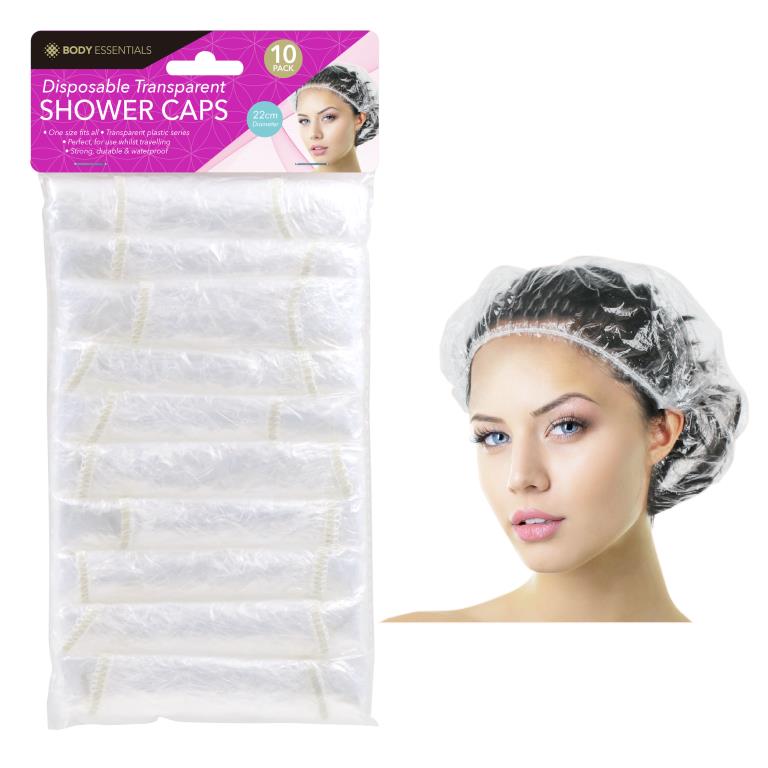 transparent plastic material; elasticated edge; pack of 10 caps in packaging; packaging shows 22cm diameter; single cap worn on female model's head;
