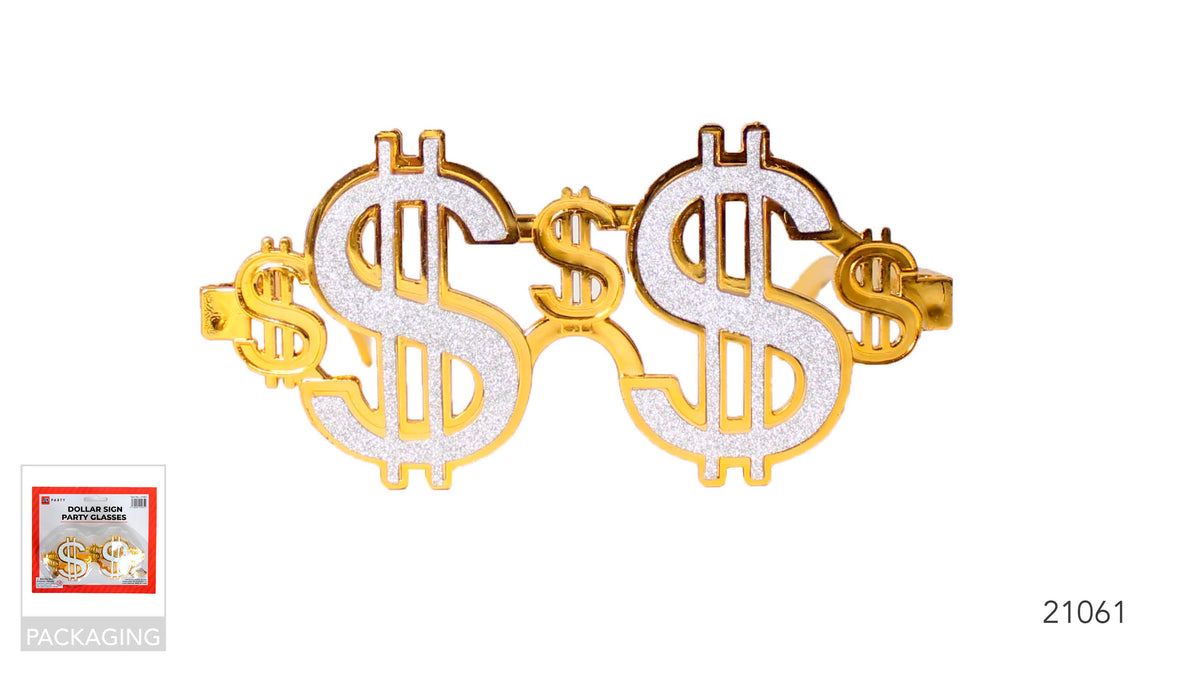 Dollar sign-shaped frames; Glittery silver fronts; Gold-tone outlines and detailing;