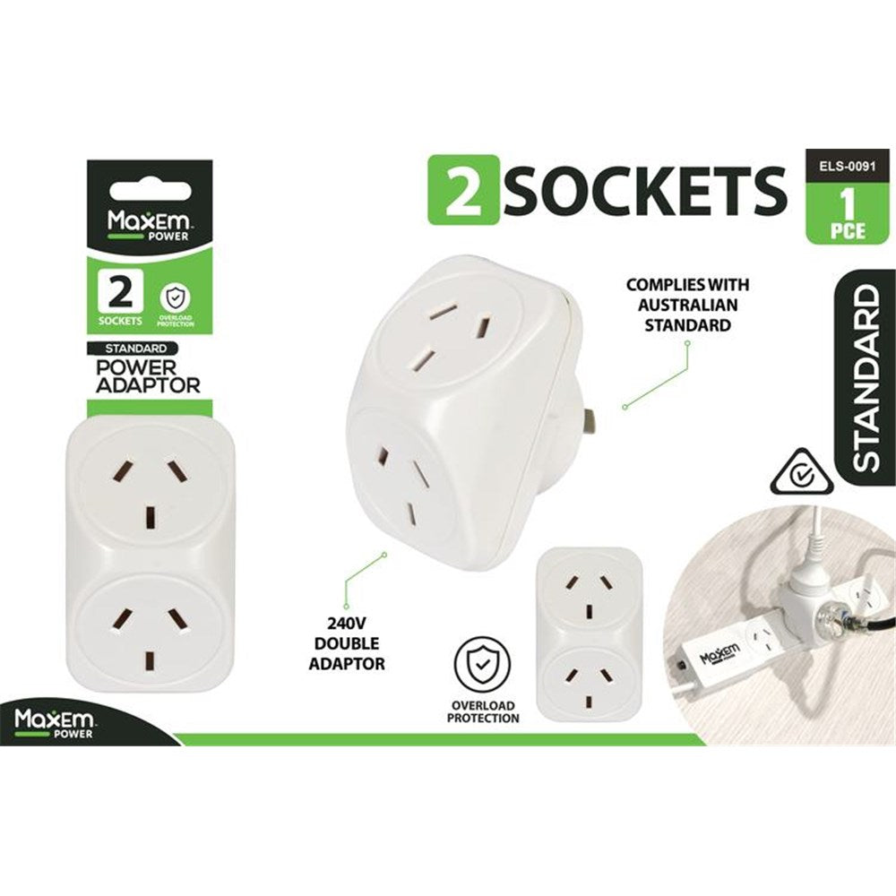 white colour; rectangular shape with rounded edges; two Australian standard power sockets; packaging shows brand MaxEm Power; overload protection icon and Australian compliance mark;
