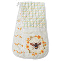 double oven glove style; bee and flower print design; cream and pastel coloured pattern; quilted cotton outer; loop for hanging;