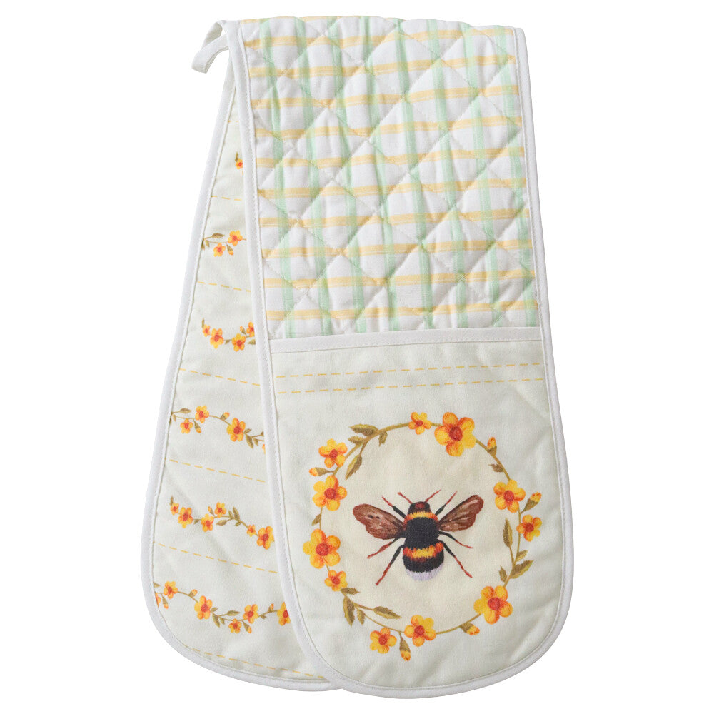 double oven glove style; bee and flower print design; cream and pastel coloured pattern; quilted cotton outer; loop for hanging;