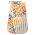 double oven glove style; cream base colour; floral print with orange, yellow, blue, green flowers; hand-drawn stripes and cross motifs; white binding and hanging loop;
