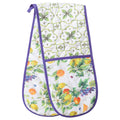 Mediterranean fruit and tile print; White fabric with green, orange, yellow, purple colours; Purple trim around edges; Double oven mitt style; Quilted fabric texture;