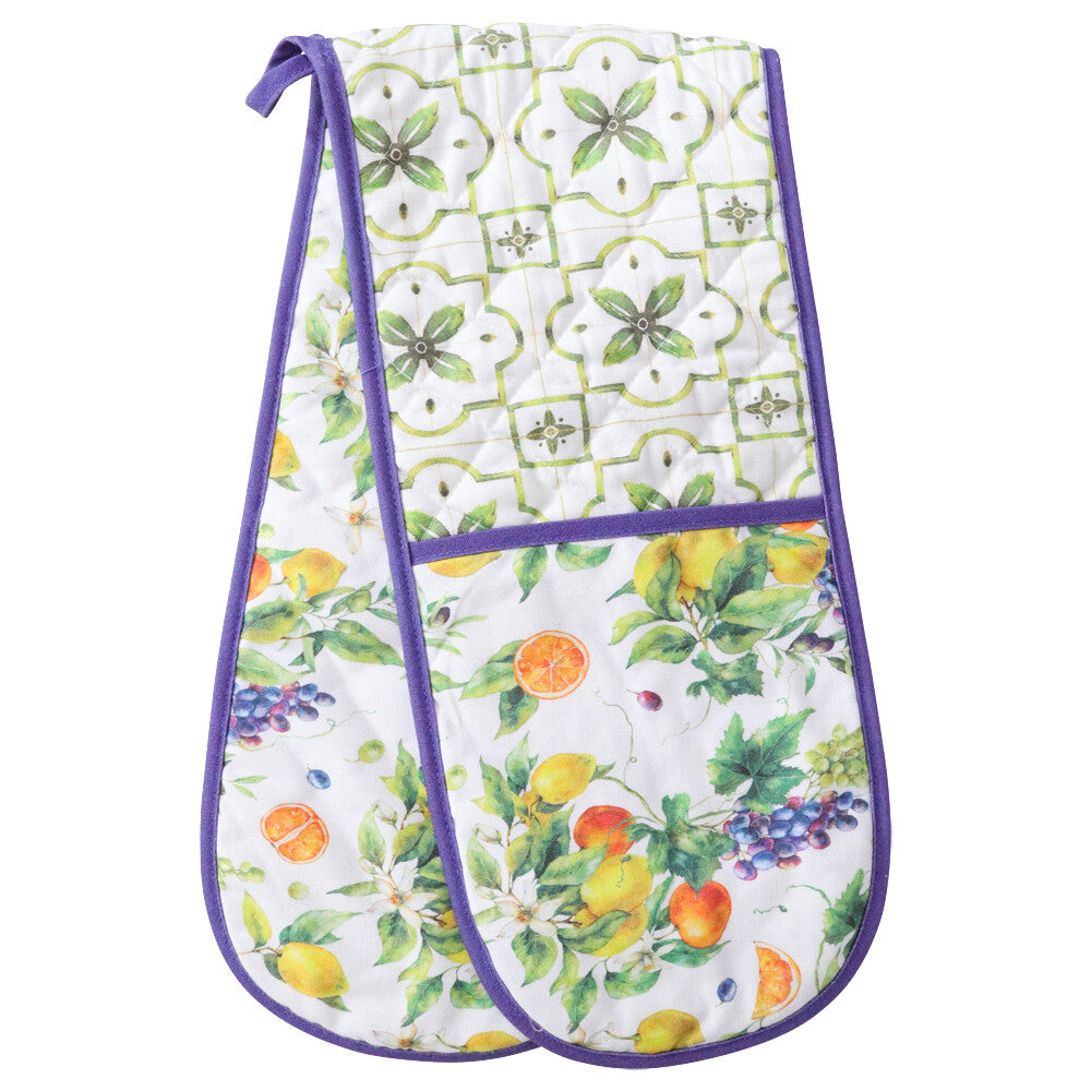 Mediterranean fruit and tile print; White fabric with green, orange, yellow, purple colours; Purple trim around edges; Double oven mitt style; Quilted fabric texture;