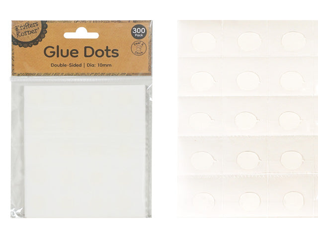 Clear round glue dots; 10mm diameter dots; White backing sheet; Retail hanging package; Pack of 300 dots;