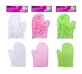 glove shape with thumb; mesh loofah side and smooth fabric side; available in white, pink, and green; packaged in clear plastic with purple header label;