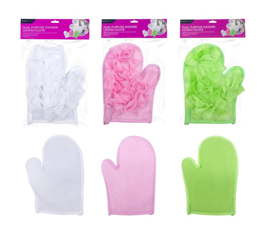 glove shape with thumb; mesh loofah side and smooth fabric side; available in white, pink, and green; packaged in clear plastic with purple header label;