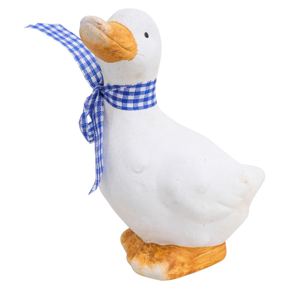 white resin duck figurine; blue checkered scarf around neck; orange beak and feet; standing pose; matte finish on resin surface;