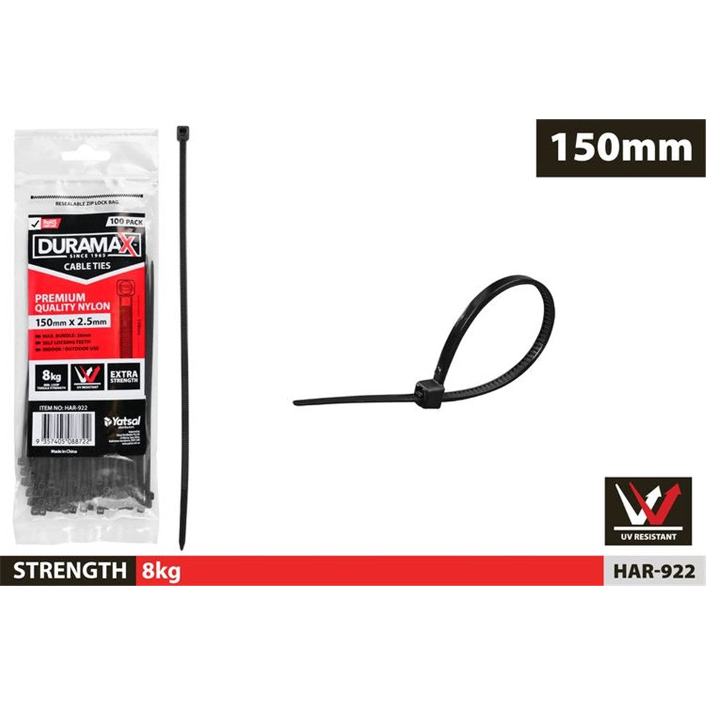 black cable ties; pack of 100 ties; nylon material; 150mm length; self-locking design;