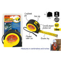 Yellow and black moulded rubber case; Tape width approximately 25mm; Measures in centimetres and inches; Compact design with position lock button;