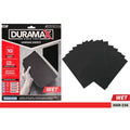 black rectangular sheets; dimensions approx 230x280mm; pack of 10 sheets; assorted grits labelled on packaging; Duramax brand packaging with red, black and white colours;
