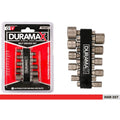 10 metal nut driver bits; sizes 4mm to 13mm visible; black plastic holder with Duramax logo; packaged in red and black blister pack;