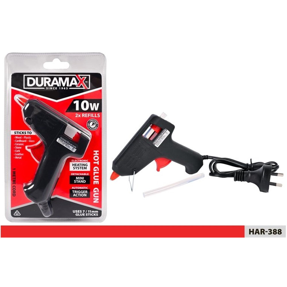 black glue gun with red trigger; includes two white glue sticks; packaged in clear plastic blister; 3-pin Australian plug; compact handheld design;