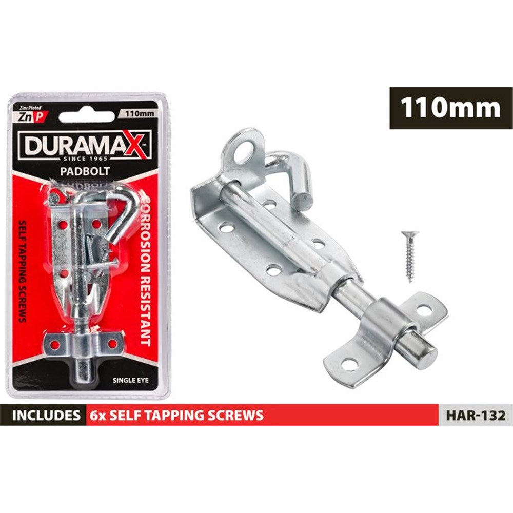 silver zinc-plated finish; padbolt with single-eye latch; includes screws; packaged blister pack; 110mm length indicated;