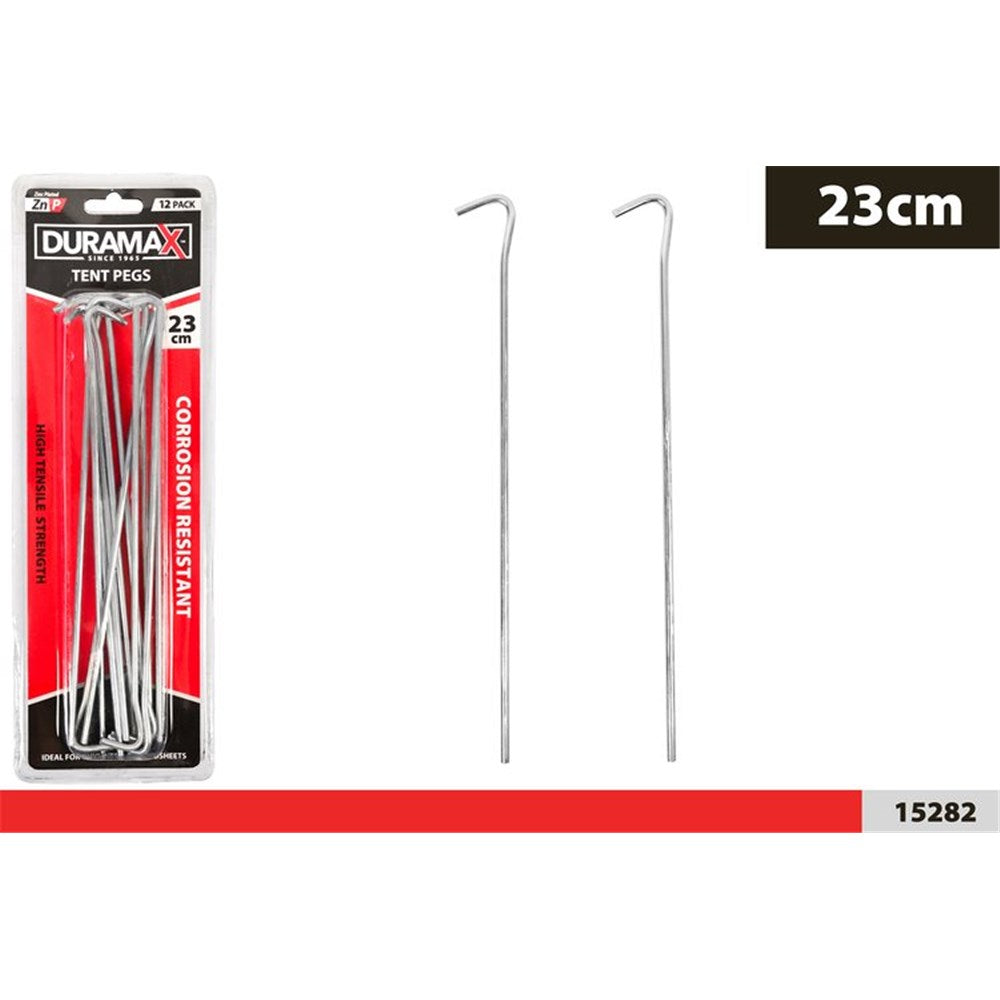 12 pack of metal tent pegs; silver coloured metal; hooked end design; 23cm length; packaging with red, black and white colours;