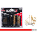 13 pieces in plastic storage case; Gold-coloured drill bits with silver shank; Assorted sizes labelled from 1.5mm to 6.5mm; Packaging shows brand Duramax;