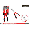 red and black anti-slip handles; long narrow stainless steel jaws; 150mm length indicated; packaged on branded card; chrome vanadium steel material;
