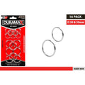 pack of 16 key rings; two ring sizes: 20mm and 30mm; silver-coloured metal; zinc coated finish; cardboard backing packaging with red and black colour;