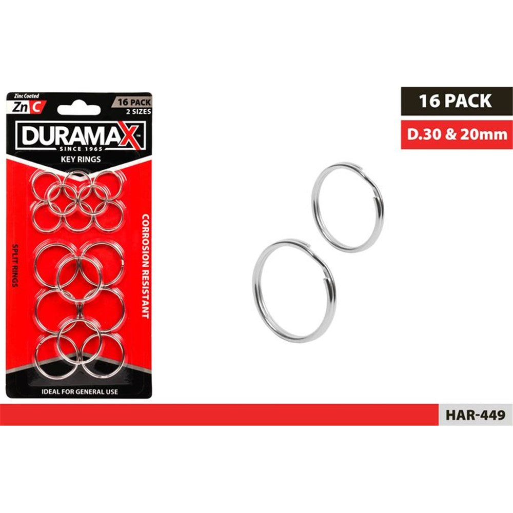 pack of 16 key rings; two ring sizes: 20mm and 30mm; silver-coloured metal; zinc coated finish; cardboard backing packaging with red and black colour;