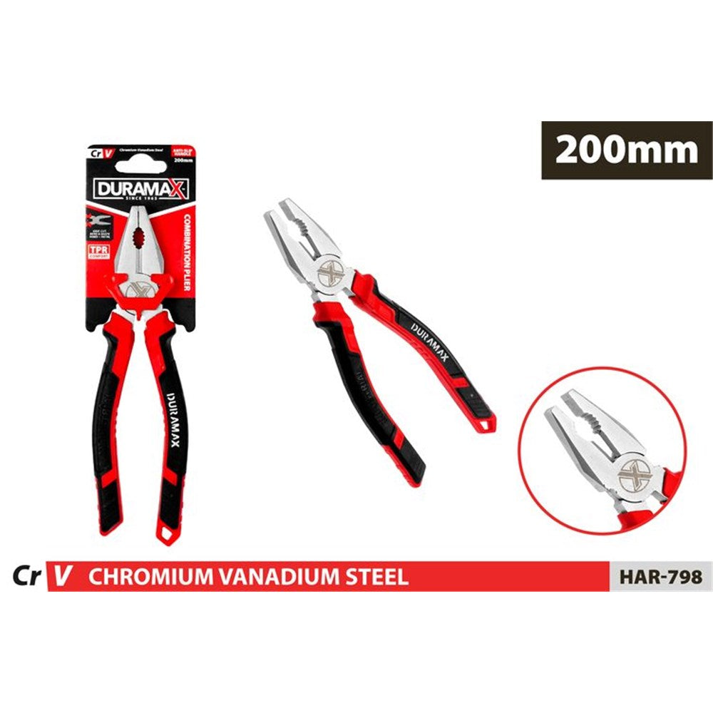 red and black ergonomic handles; chrome steel head; 200mm size indicated on packaging; Duramax branding on handles and packaging;