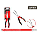 Red and black rubberised handles; Long narrow metal jaws; Chrome finish on jaws; 200mm size label on packaging; Brand name Duramax visible;
