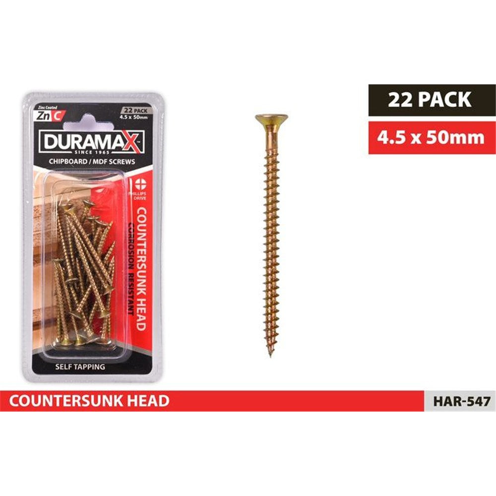 22 screws in pack; zinc coated finish; countersunk head; packaging shows Duramax brand; screw size 4.5x50mm visible on pack;