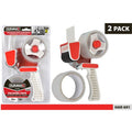 white and red handheld tape dispenser; two rolls of clear packing tape; packaging includes transparent plastic blister pack; 48mm wide tape rolls;