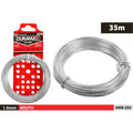 silver galvanised steel wire coil; red and black branded packaging; wire width marked as 1.0mm; coil tied with metal ties; length label indicates 35m;