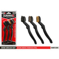 3 brushes with black ergonomic handles; bristles in nylon (black), brass (gold), stainless steel (silver); packaged in red and black branded Duramax blister pack; each brush with angled brush head;