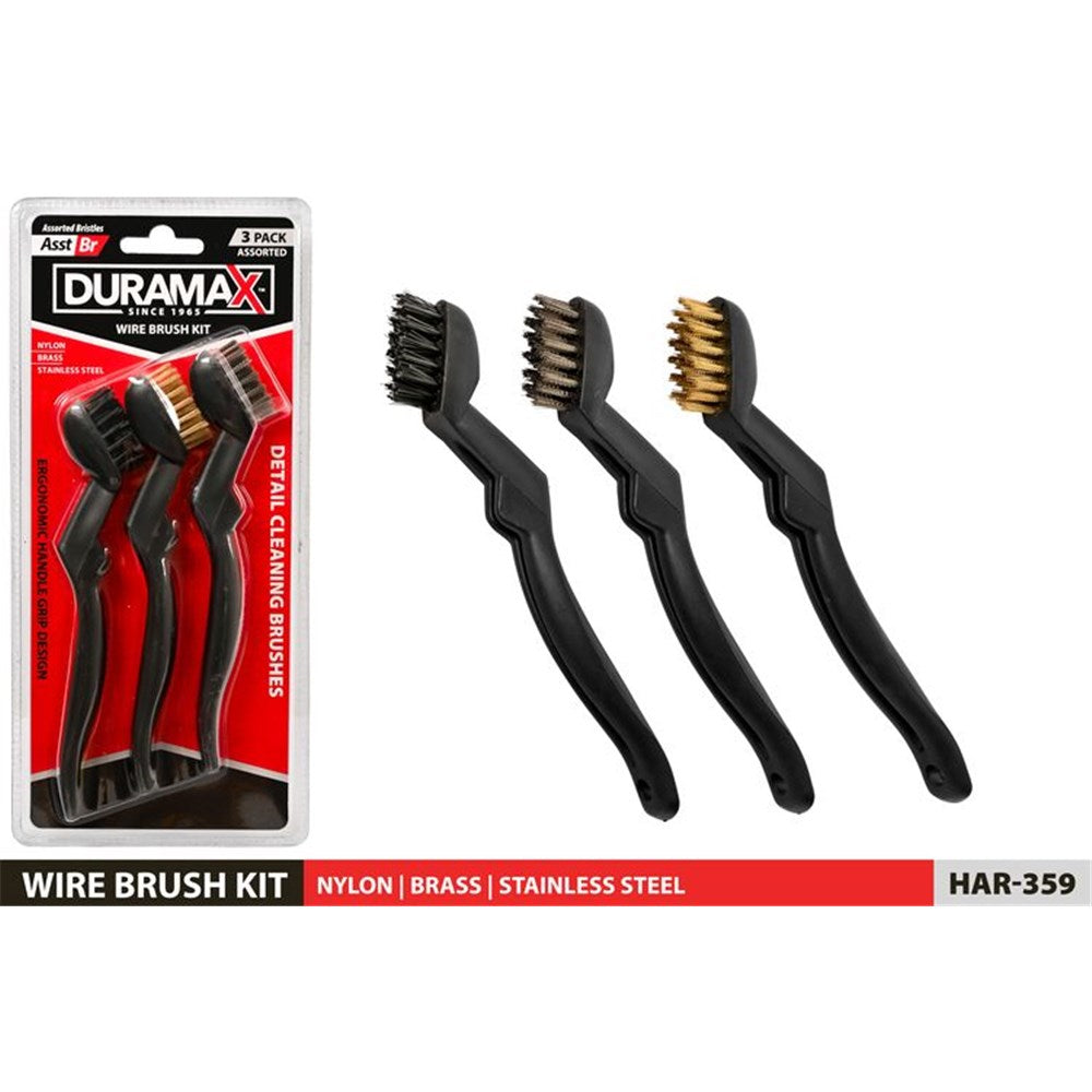 3 brushes with black ergonomic handles; bristles in nylon (black), brass (gold), stainless steel (silver); packaged in red and black branded Duramax blister pack; each brush with angled brush head;