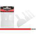 white plastic scrapers; four pieces in set; different blade widths; straight handles with hanging hole; packaging labelled Duramax;