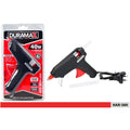 black and red glue gun; packaged with two glue sticks; includes an Australian plug; detachable metal stand attached to gun; red trigger and nozzle tip;