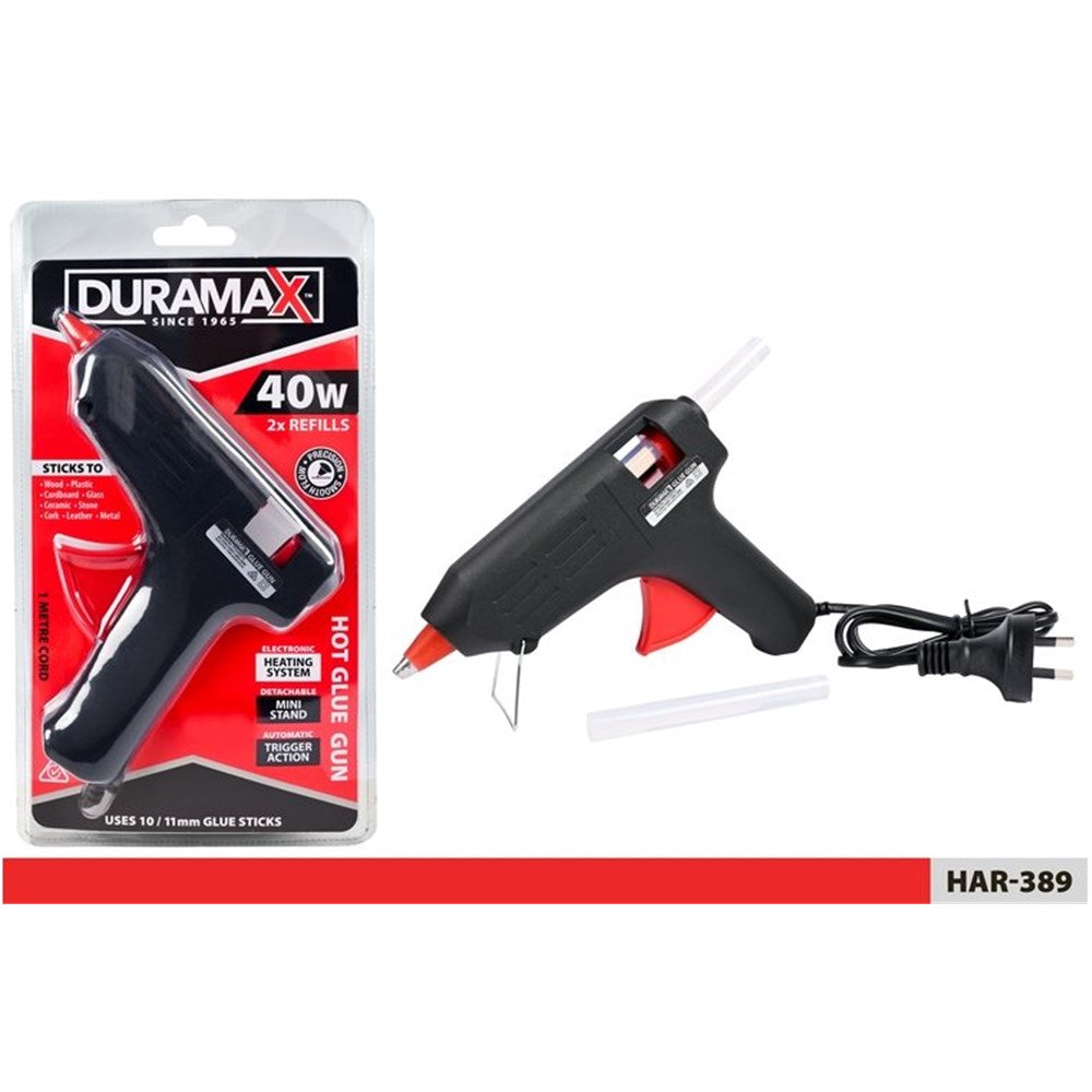 black and red glue gun; packaged with two glue sticks; includes an Australian plug; detachable metal stand attached to gun; red trigger and nozzle tip;
