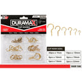 Gold coloured hooks; Pack of 45 hooks; 6 assorted sizes labelled; Plastic compartment packaging; Zinc coated thread detail;