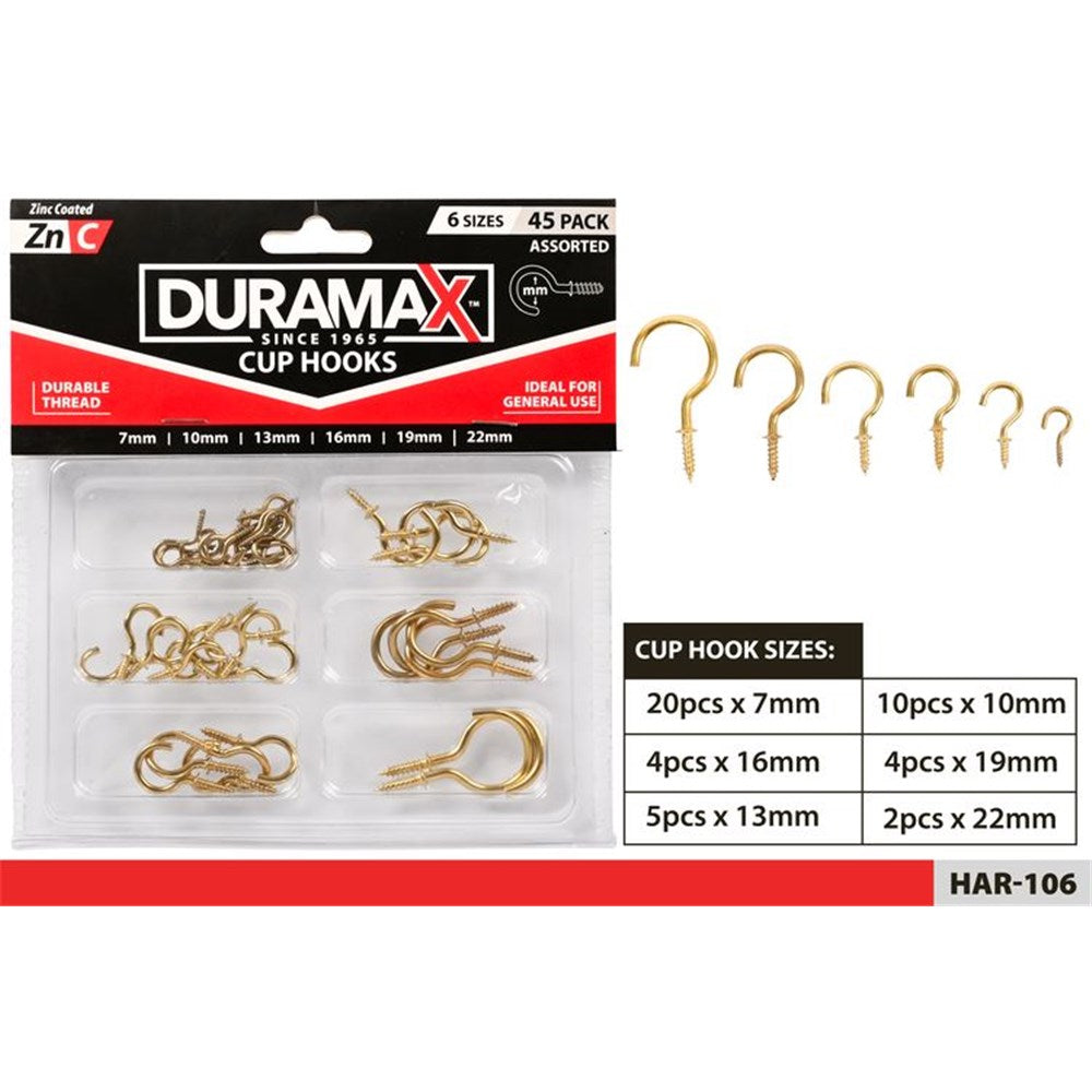 Gold coloured hooks; Pack of 45 hooks; 6 assorted sizes labelled; Plastic compartment packaging; Zinc coated thread detail;