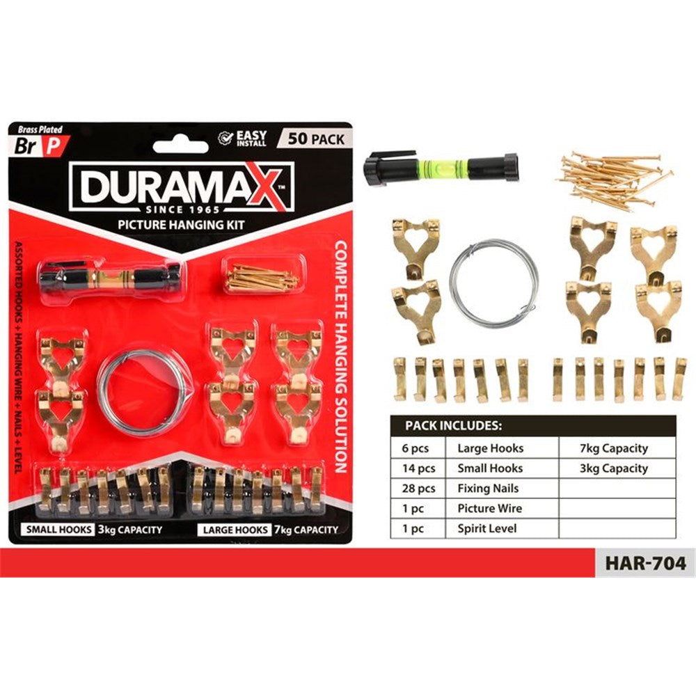 brass plated hooks; includes small and large hooks; nails included; spirit level included; wire coil included;