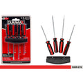 4 screwdrivers with black and red handles; Includes flat and Phillips head types; Black plastic wall mount holder; Packaged in clear plastic blister pack with red and black backing;