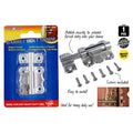 silver steel barrel bolt; 50mm size; includes six screws; packaged on blue and orange backing card; heavy duty labelled;