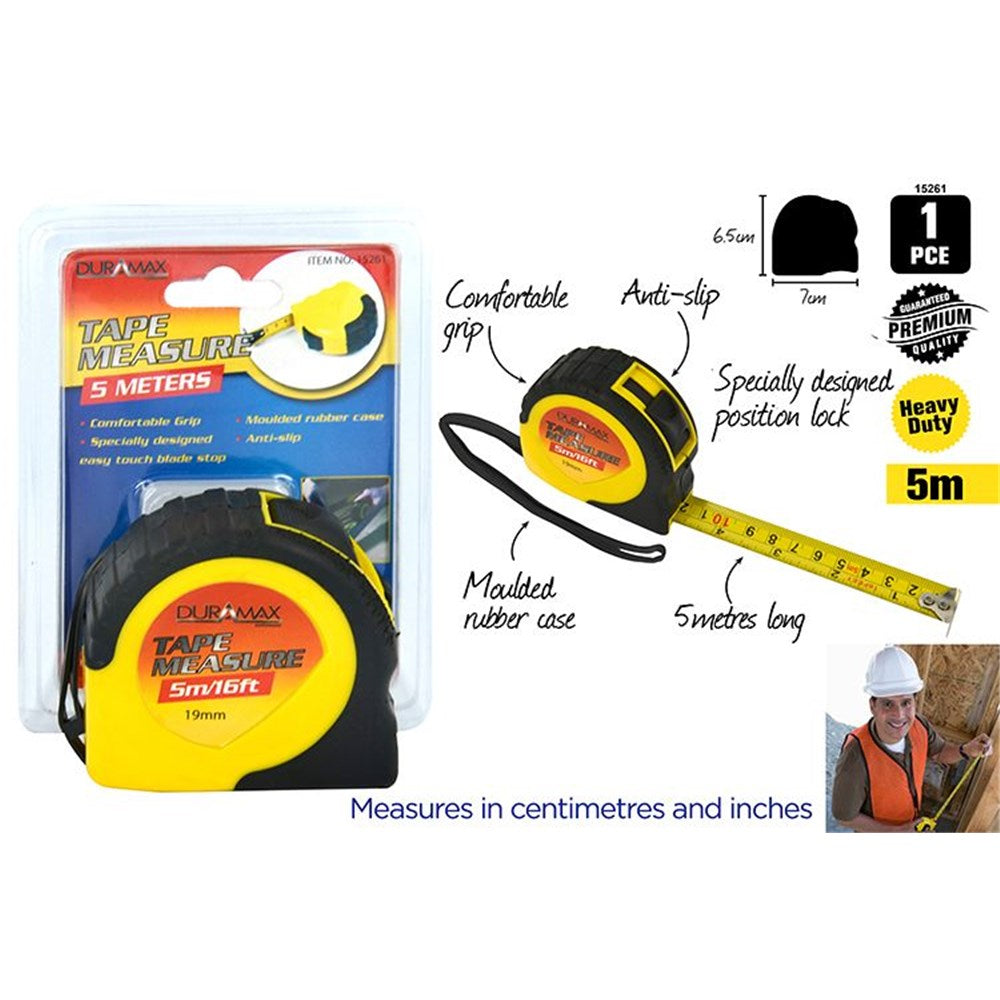 yellow and black moulded rubber case; compact curved shape; 5 metre tape blade with metric and imperial markings; anti-slip textured grip; wrist strap attached;