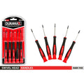 5 screwdrivers with red and black handles; magnetic tips; black oxide finish shafts; packaged in clear plastic blister pack; swivel head design handles;
