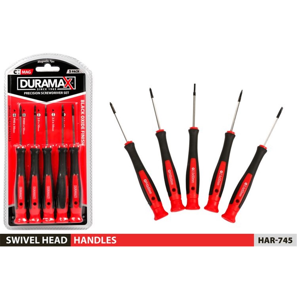 5 screwdrivers with red and black handles; magnetic tips; black oxide finish shafts; packaged in clear plastic blister pack; swivel head design handles;