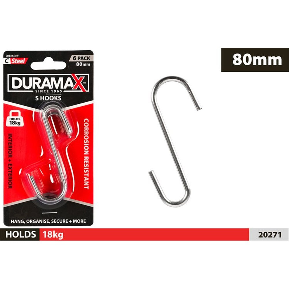 pack of 6 S-hooks; silver metal finish; medium size 80x30mm; packaging with red and black design; hooks shaped in S form;