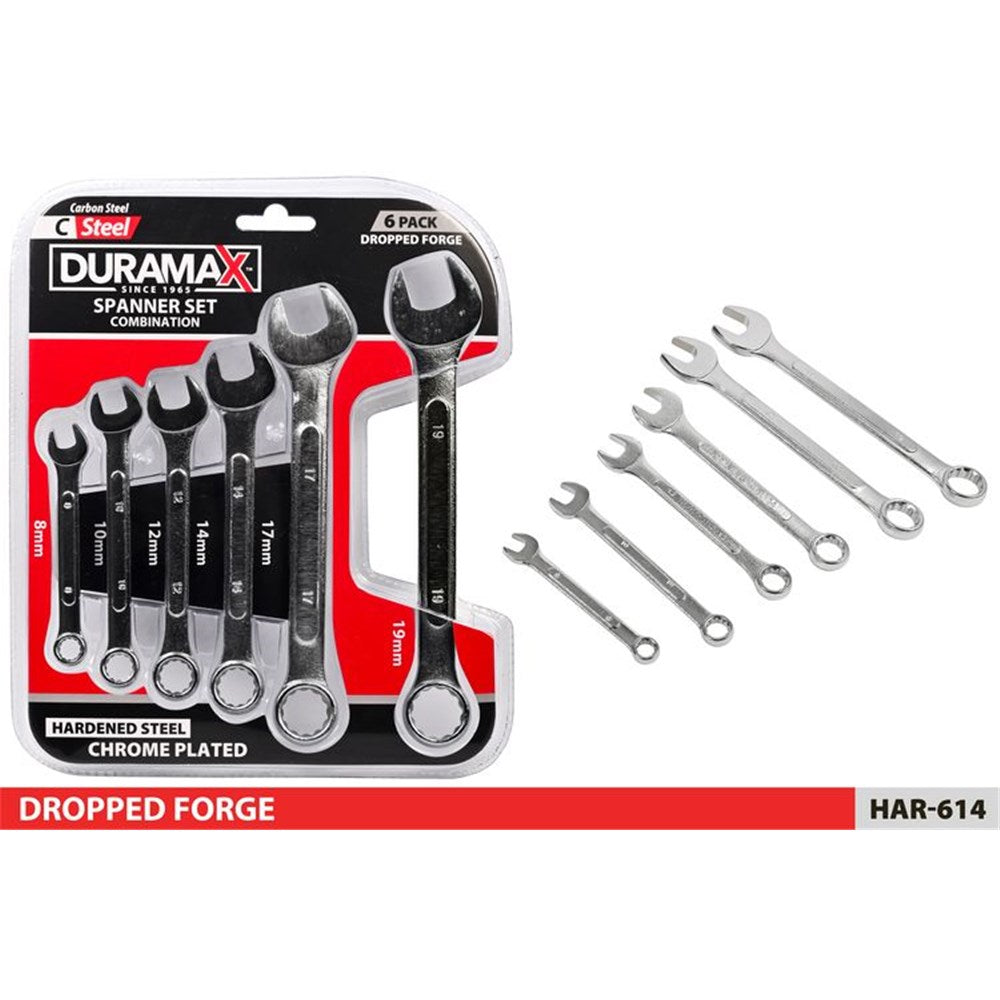6 spanners in sizes 8mm to 19mm; chrome plated steel finish; combination open and ring ends; packaged in clear blister pack with black, red, and white branding;
